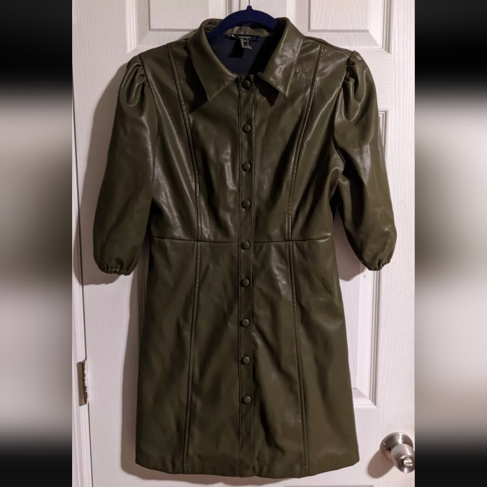 Forever 21 Faux Leather Dress Juniors L Olive Green 3/4 Sleeve Balloon Collared